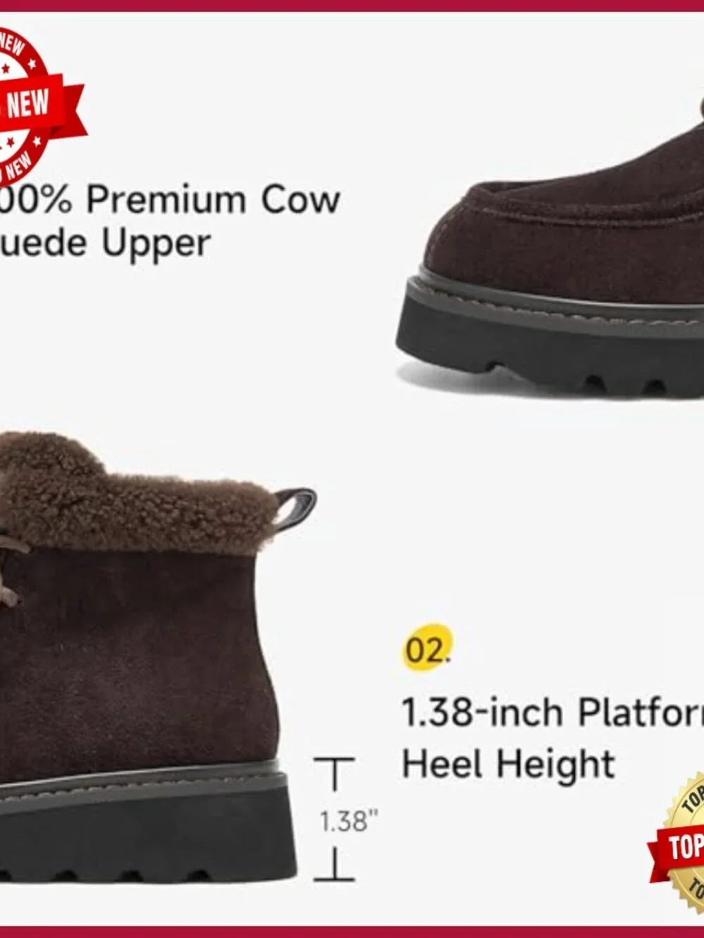 Winter Snow Boots, Genuine Suede Platform Boots, Warm Fur Lined Lace Up Ankle